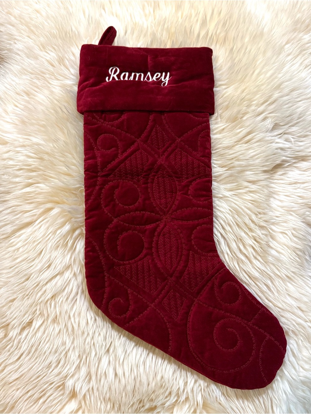 Pottery Barn Personalized Quilted Velvet Christmas Stocking Burgundy “Ramsey”